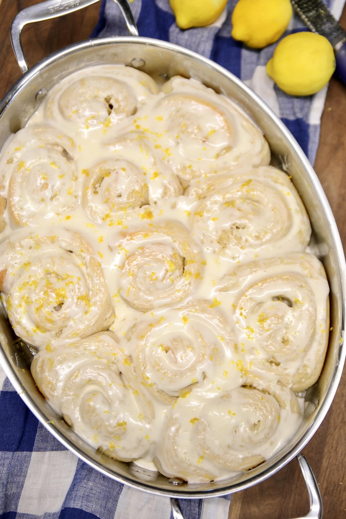 Pan of lemon sweet rolls.