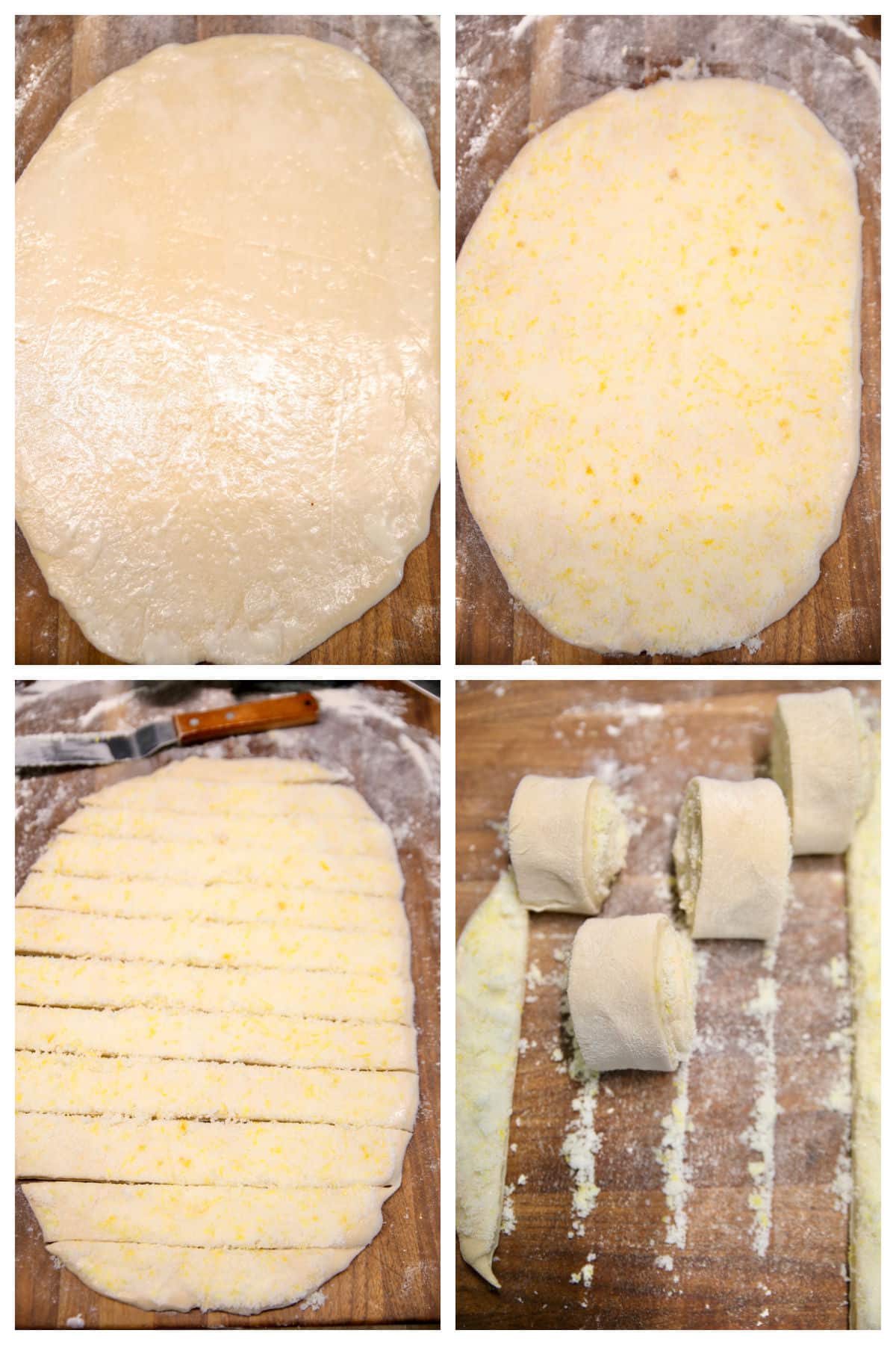 Collage rolling and filling lemon sweet roll dough.