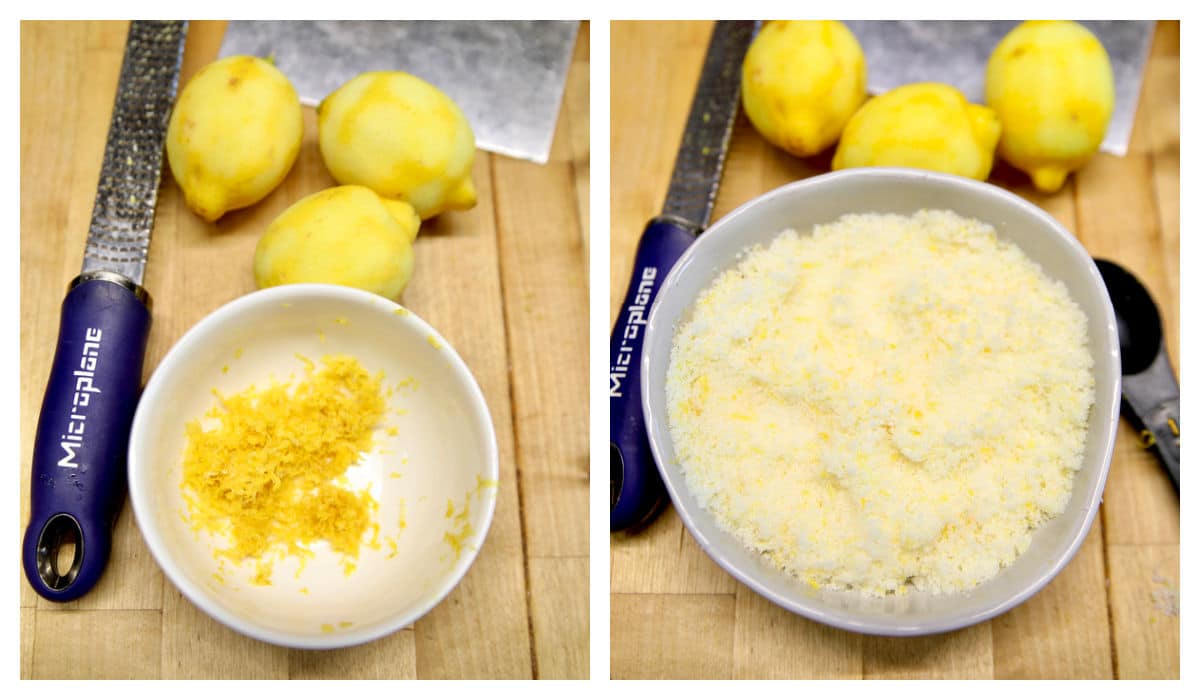 Collage making lemon sugar with lemon zest.
