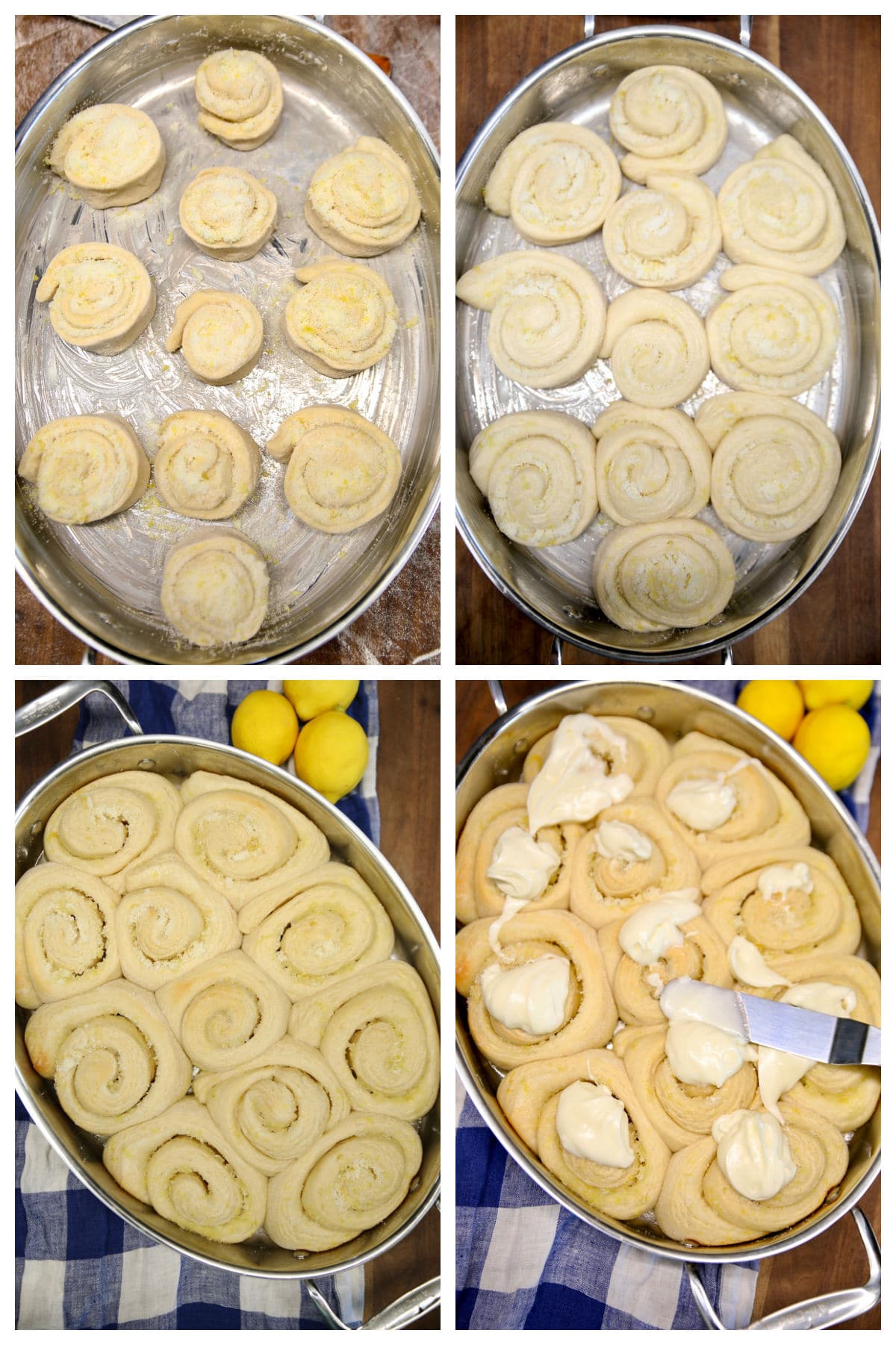 Baking lemon sweet rolls, topping with cream cheese icing - collage.
