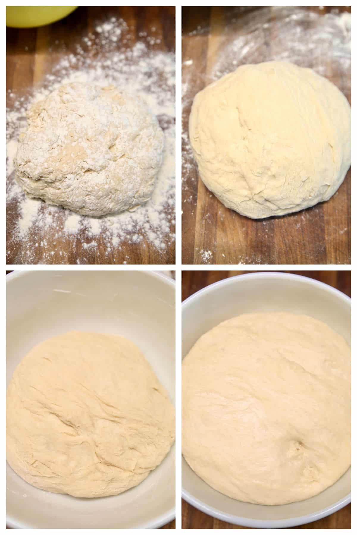 Kneading, rising sweet roll dough collage.