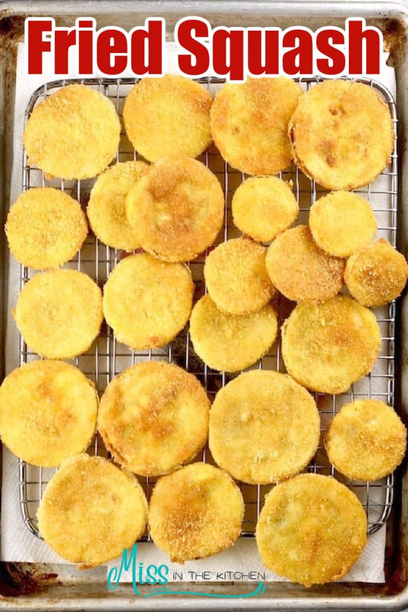 Pan of fried yellow squash - text overlay.