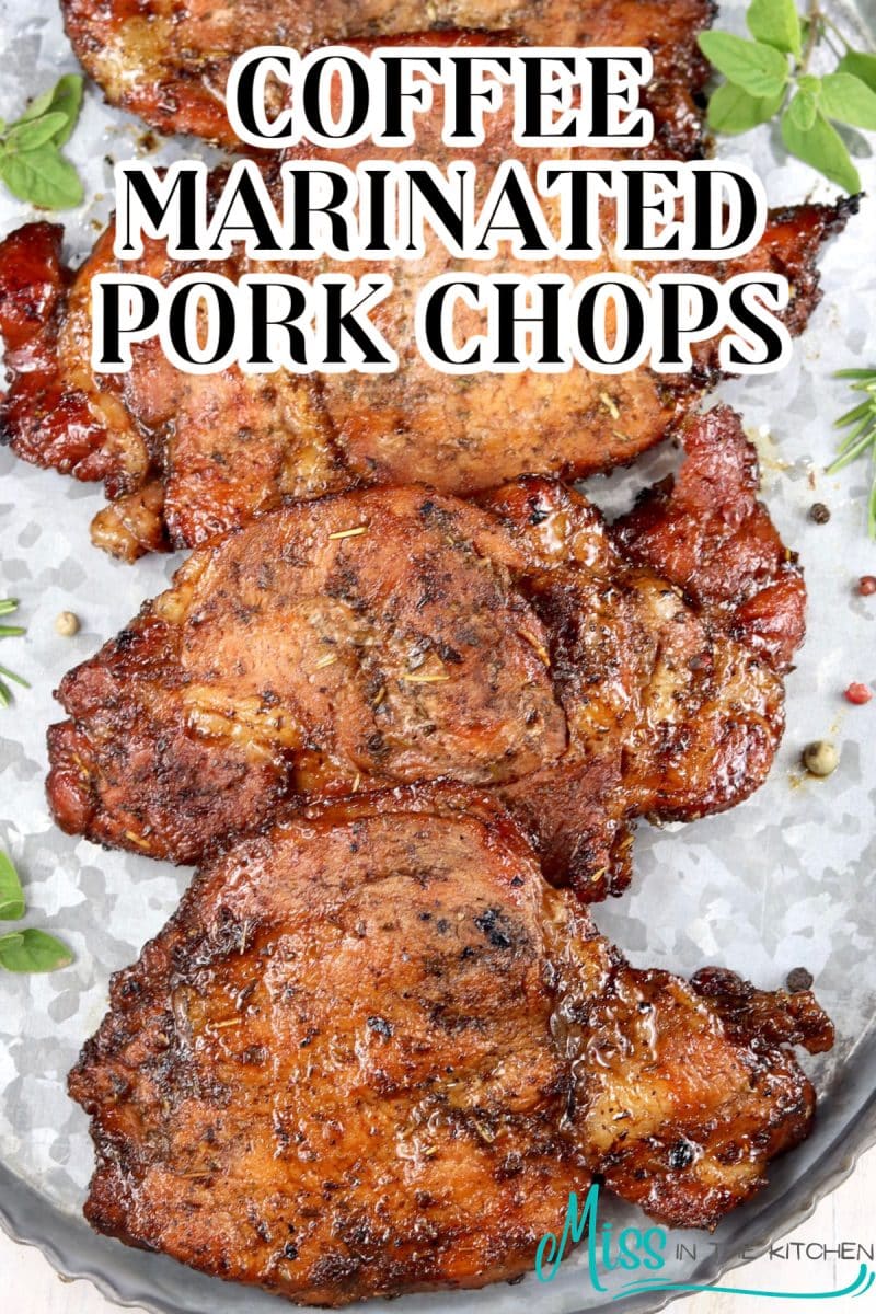 Grilled pork chops with easy marinade on a platter - text overlay.