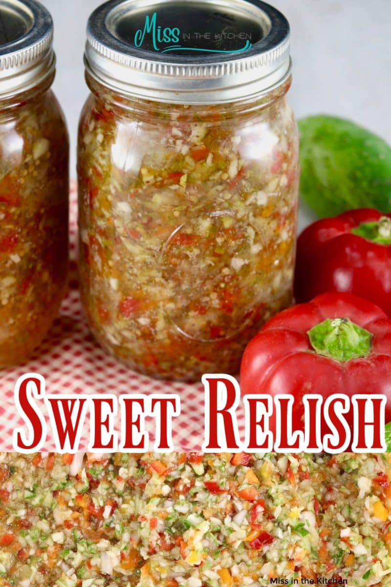 Collage of sweet Relish in a jar/mixture in a bowl.