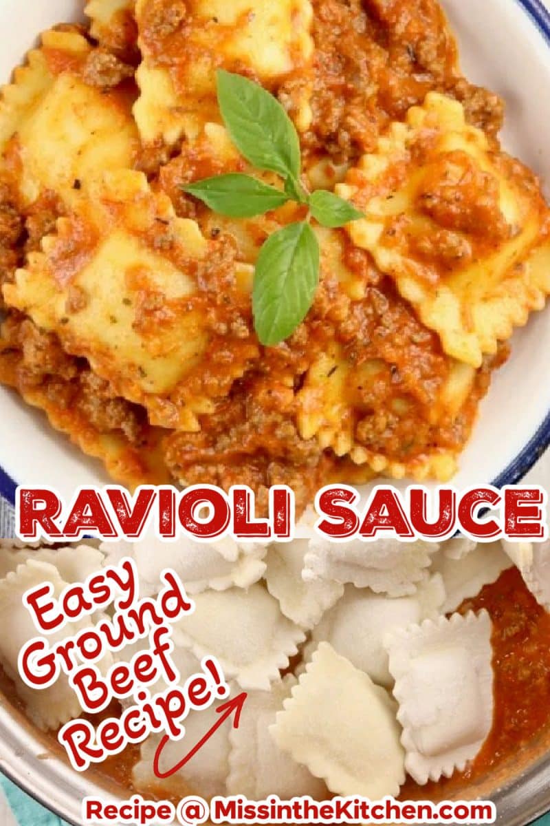 Collage: Ravioli with meat sauce, cooking in pan - text overlay.