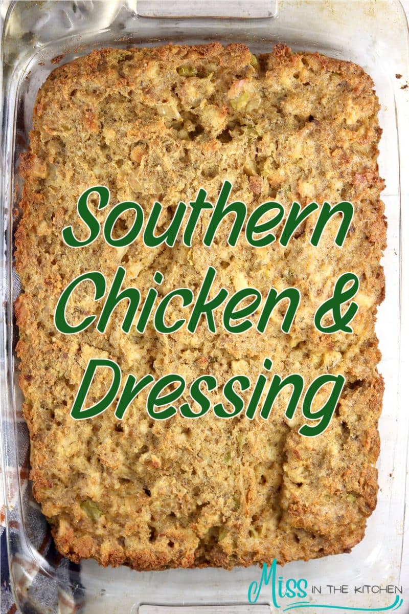 Southern Chicken and dressing with text overlay.