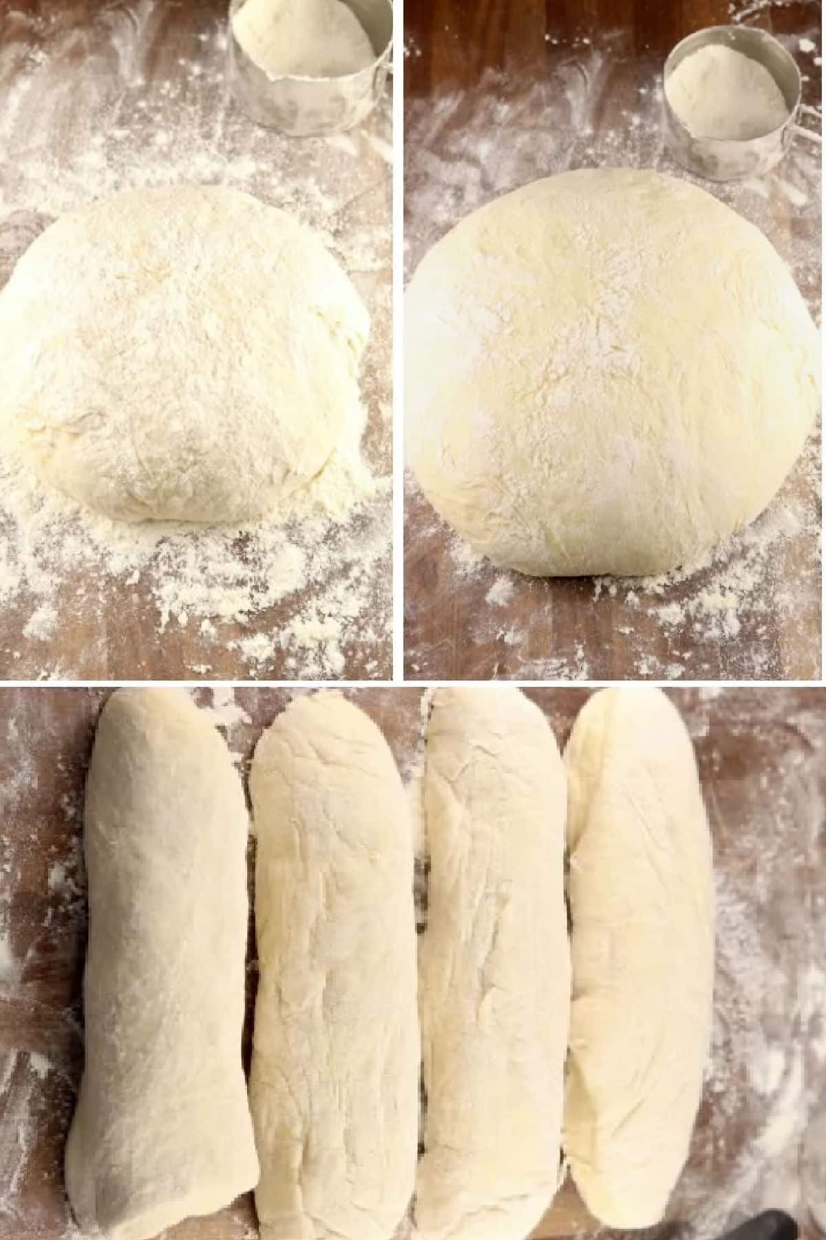 Collage: yeast dough rising, rolled into 4 pieces.