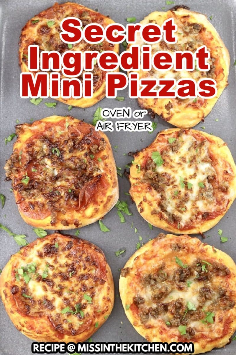 Mini pizzas on a platter- text overlay.