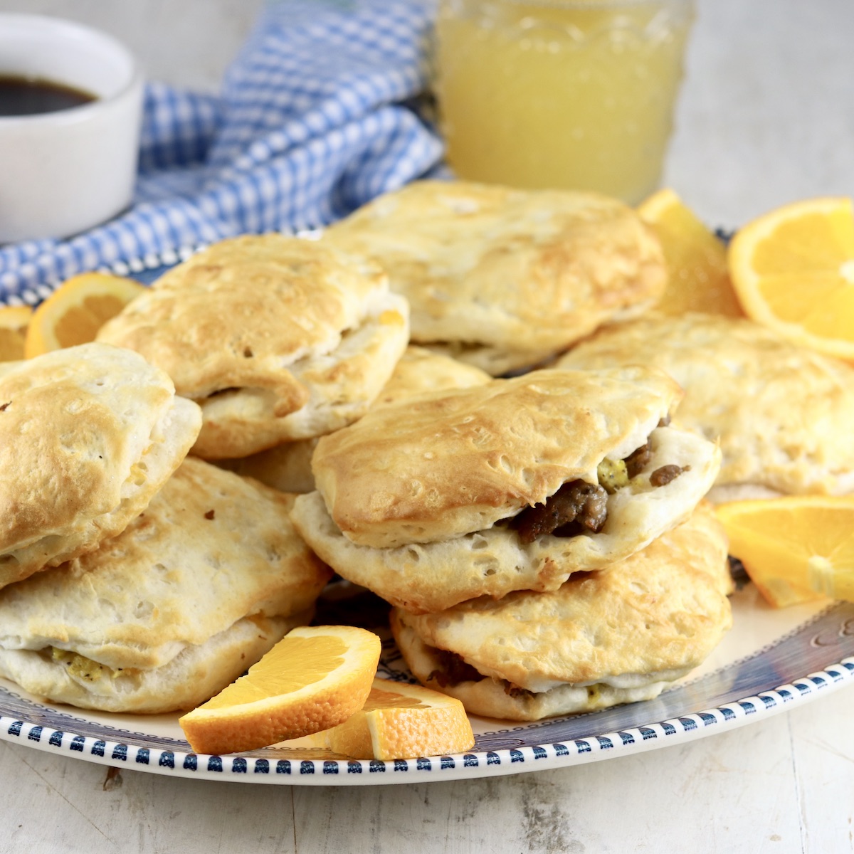 Air Fryer Sausage Biscuits with Eggs & Cheese