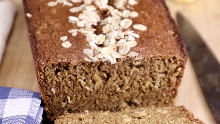 Irish Brown Bread loaf with oat topping - 2 slices off of loaf