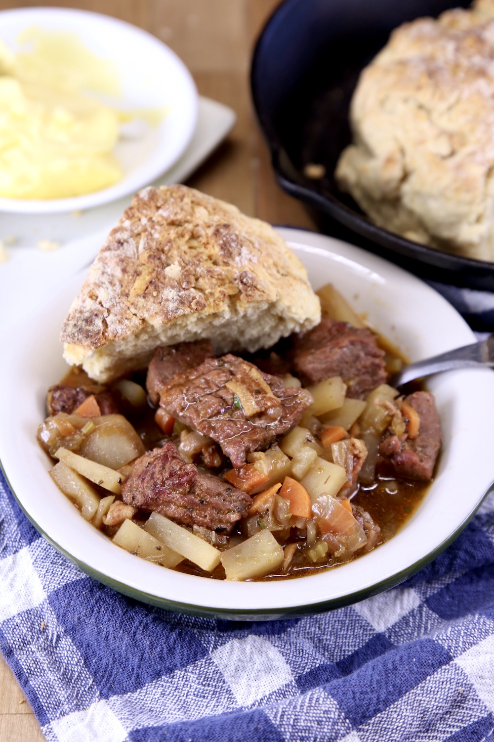Beef stew in a bowl with Irish soda bread