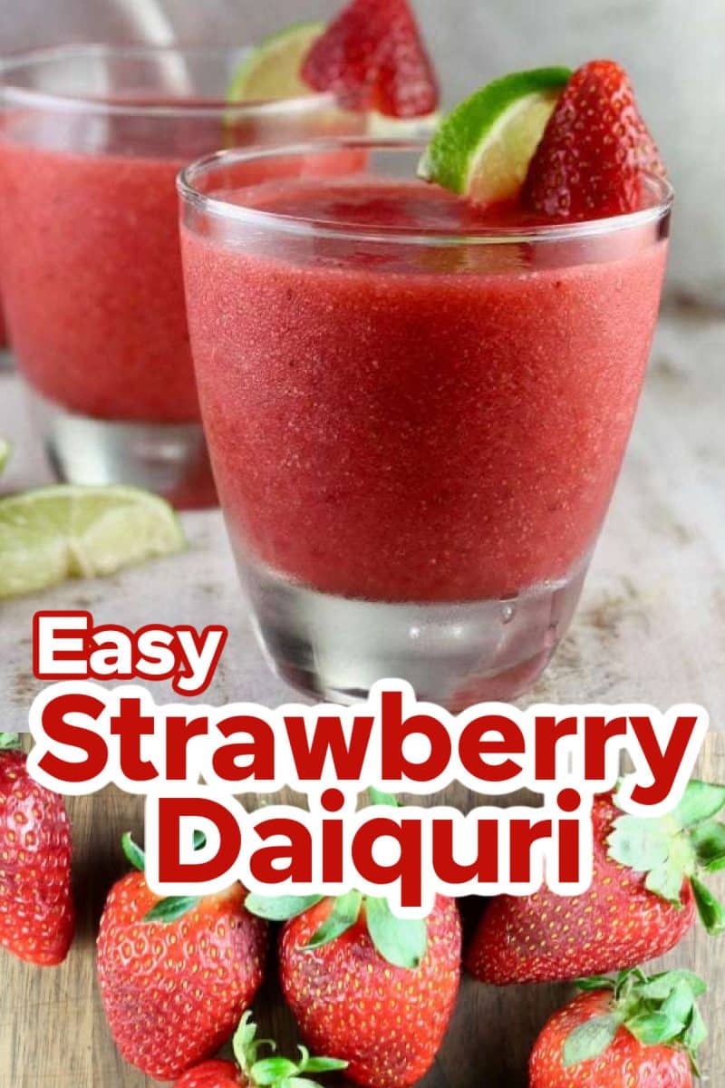 Collage of strawberry daiquiri in a glass/fresh strawberries.