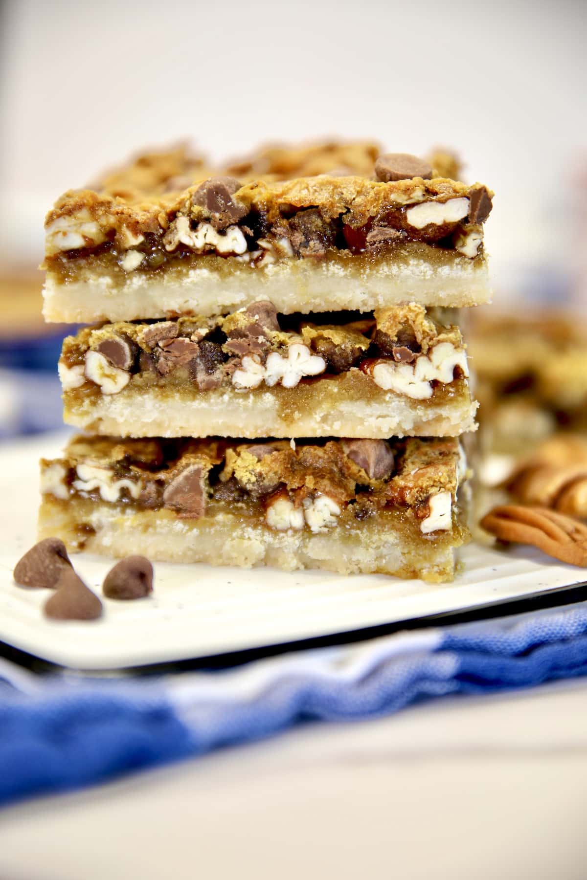 Chocolate Pecan Pie Bars stacked.