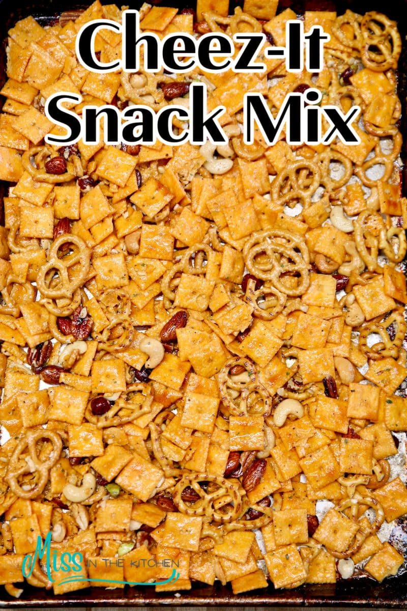 Sheet pan of snack mix- text overlay.
