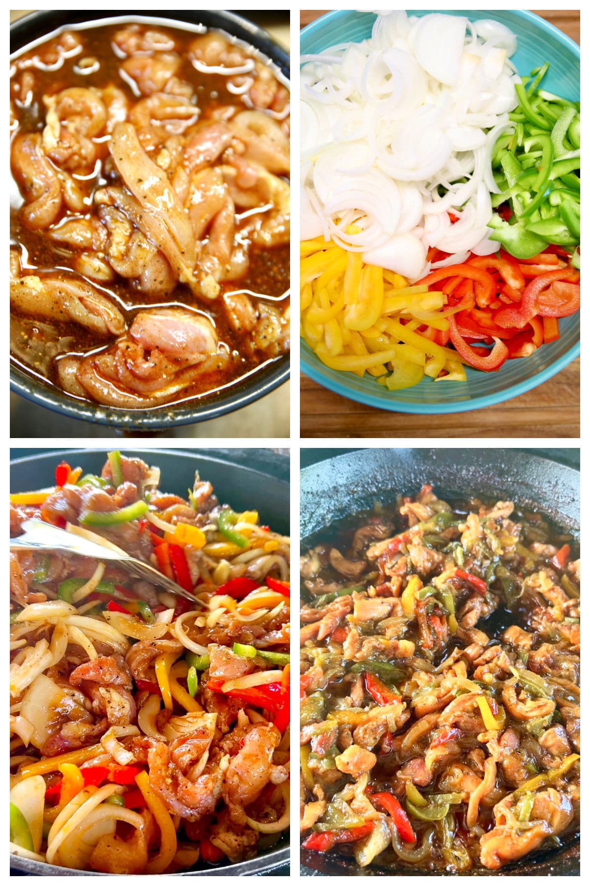 Collage of marinating chicken, sliced vegetables, cooking mixture in a skillet.