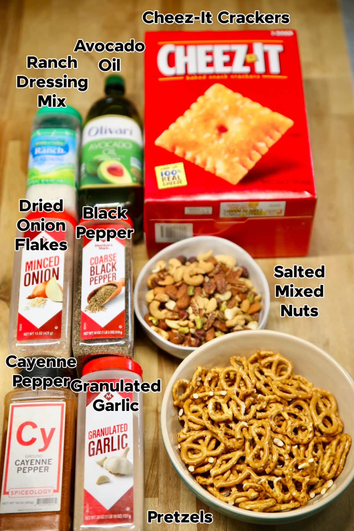 Ingredients for cheez-it snack mix.