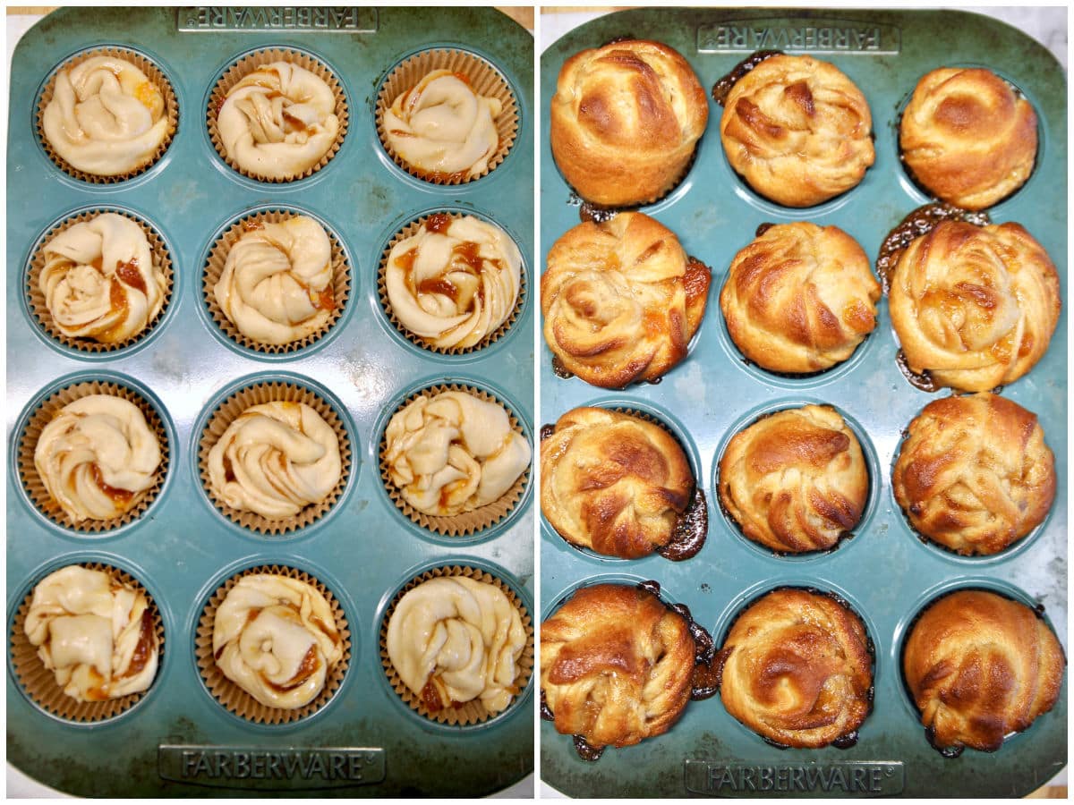 Collage: peach pie croissant muffins/baked.