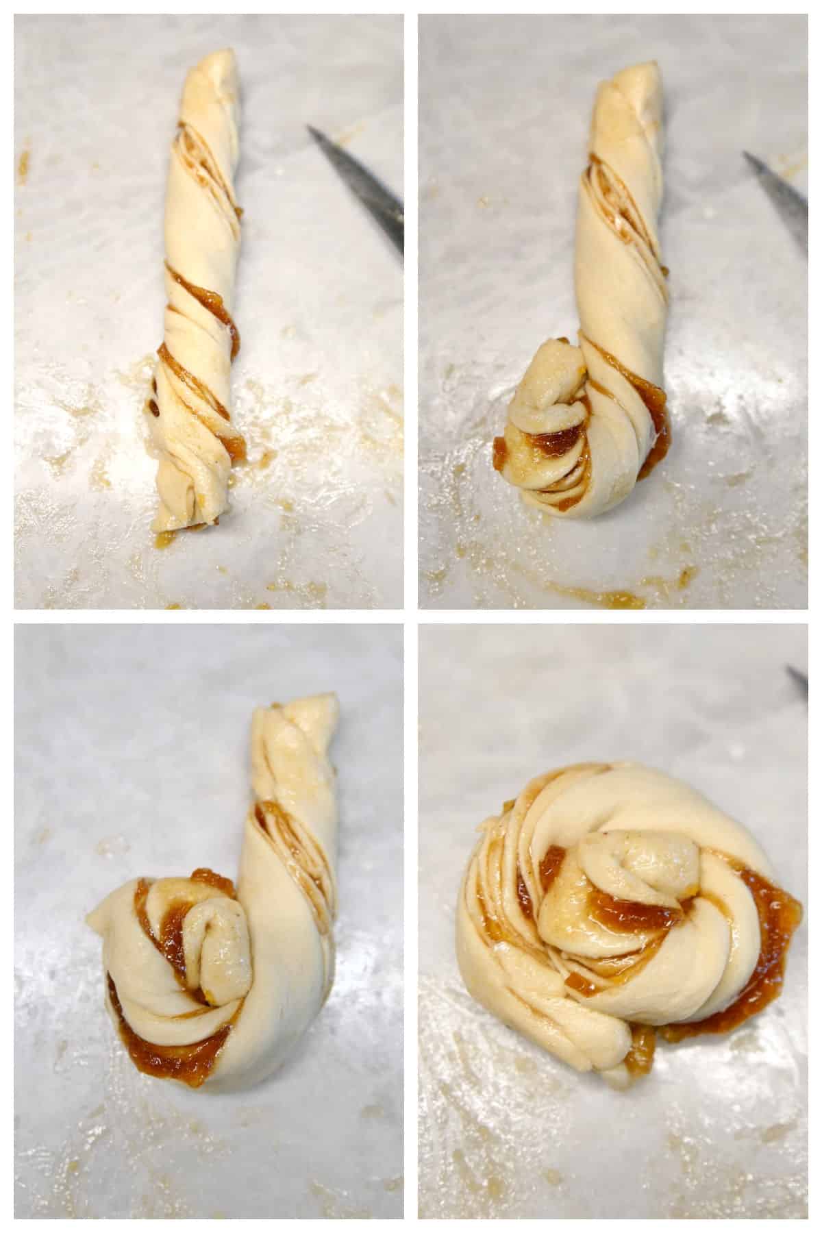 Collage shaping crescent dough muffins.