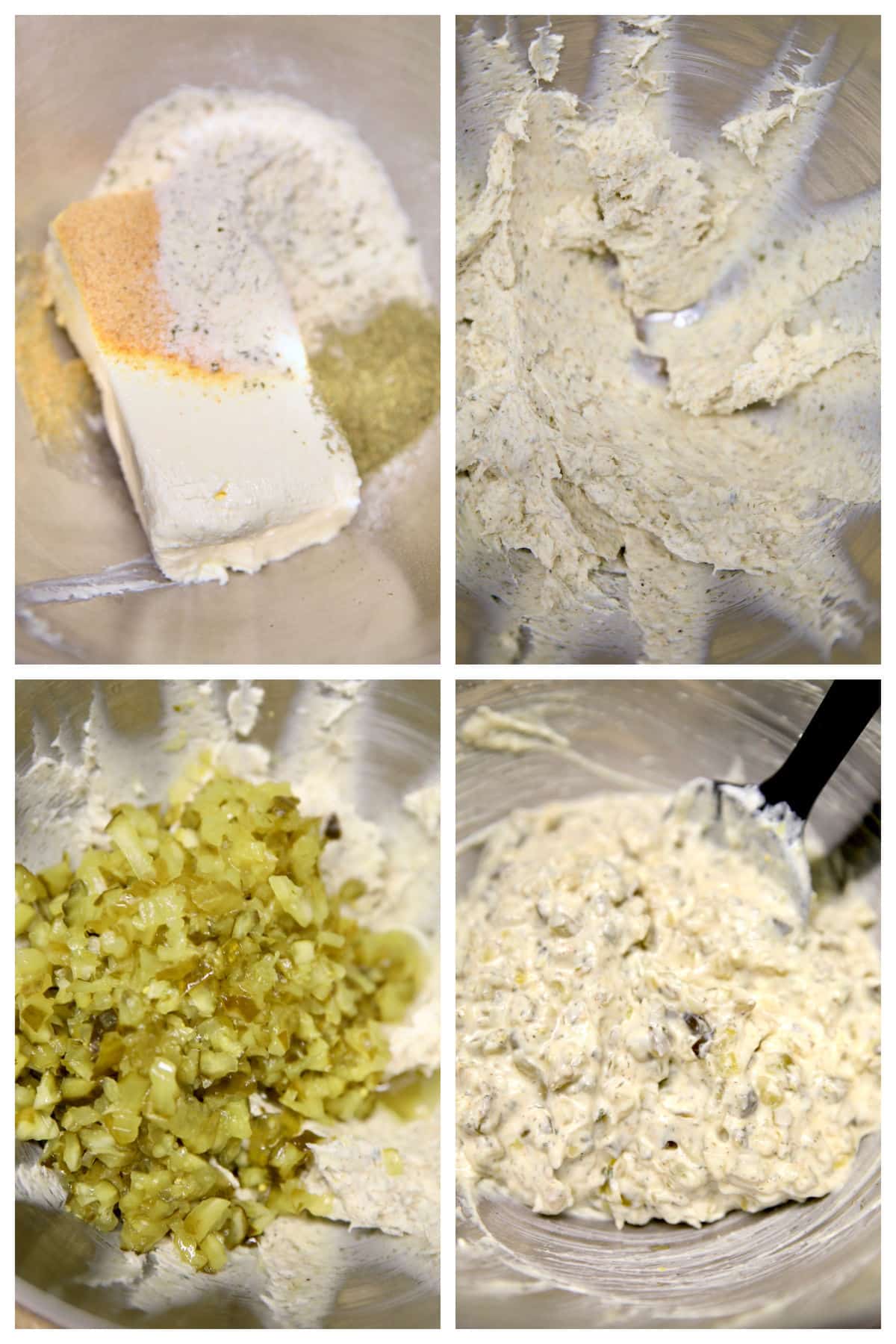 Collage of making  cream cheese pickle dip step by step.