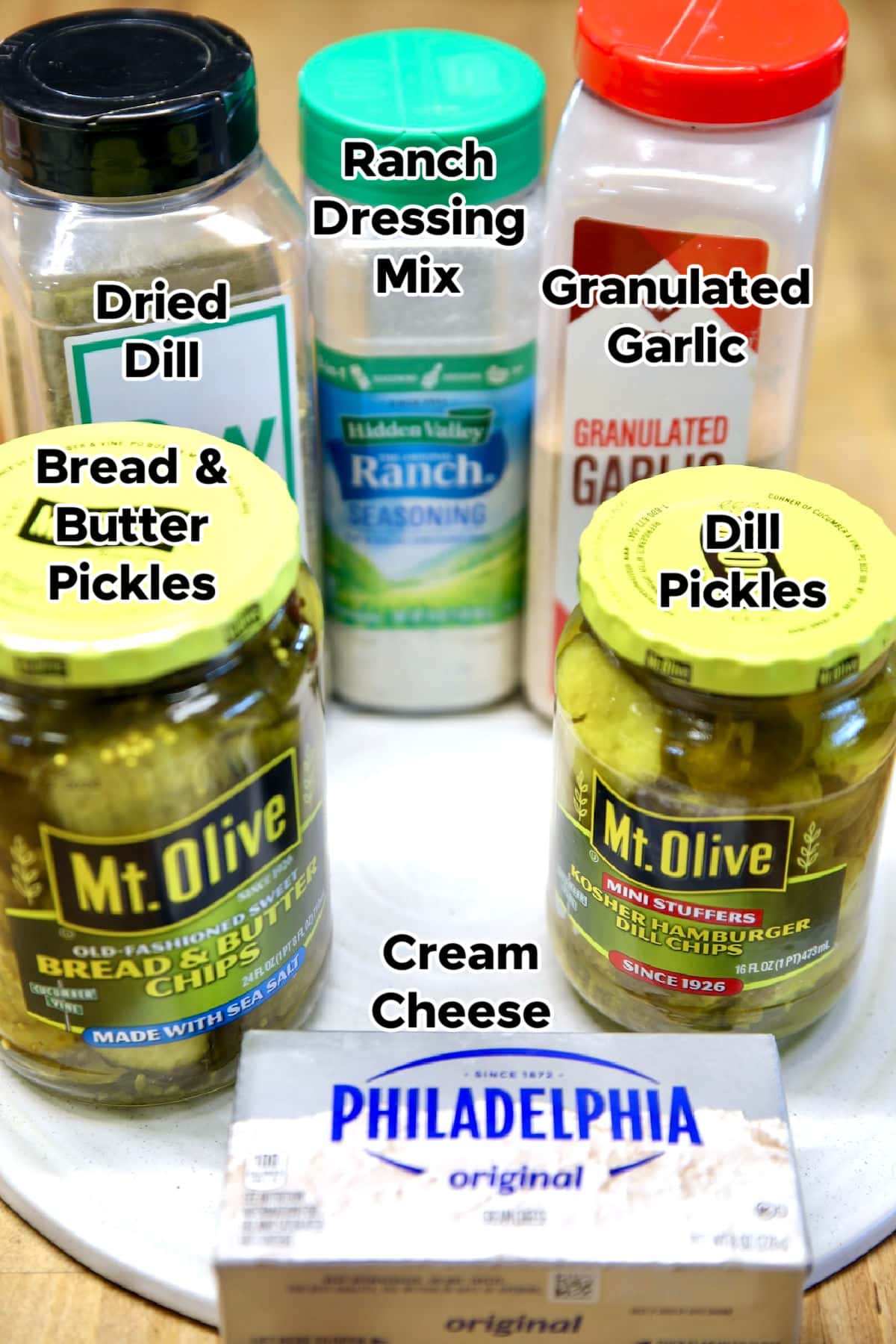 Ingredients for pickle dip with text labels.
