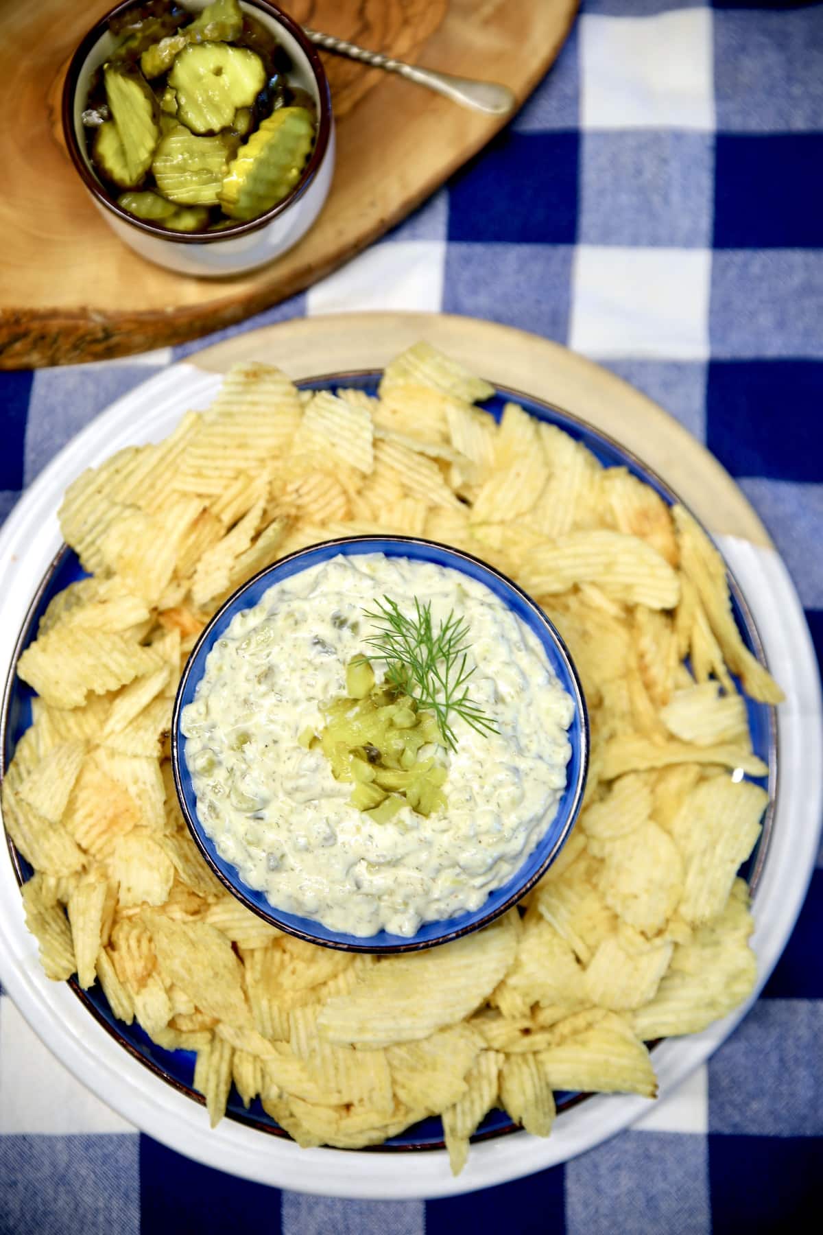Pickle dip with potato chips.