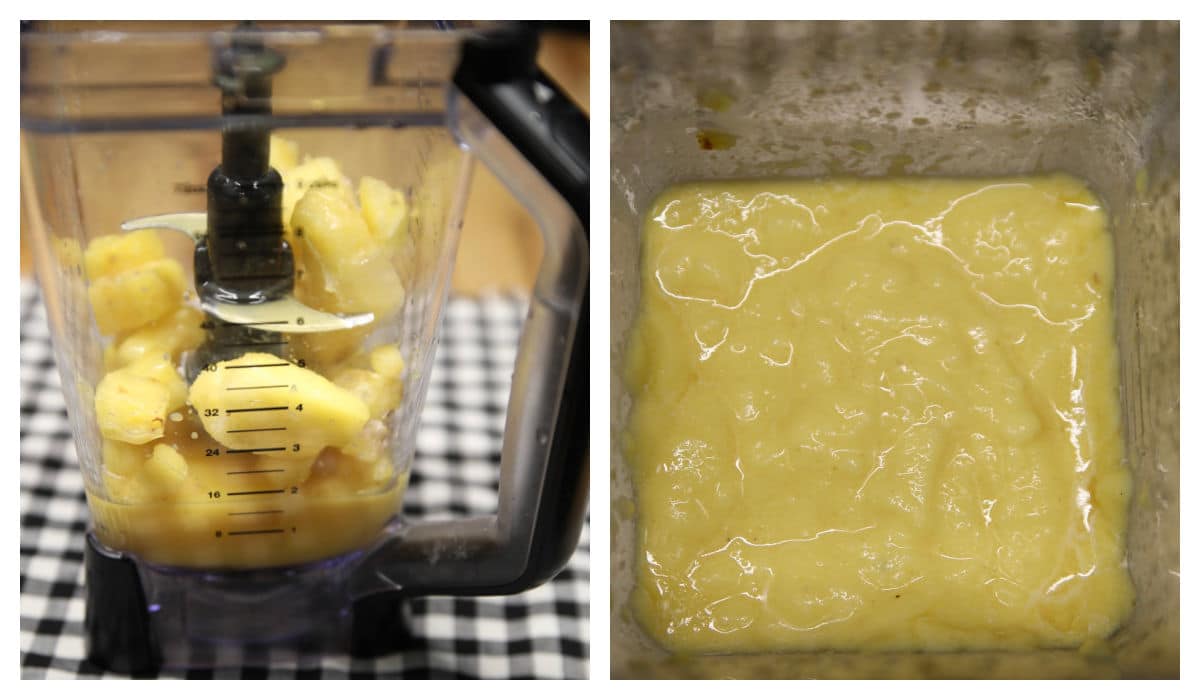 Collage of pineapple smoothie in blender.