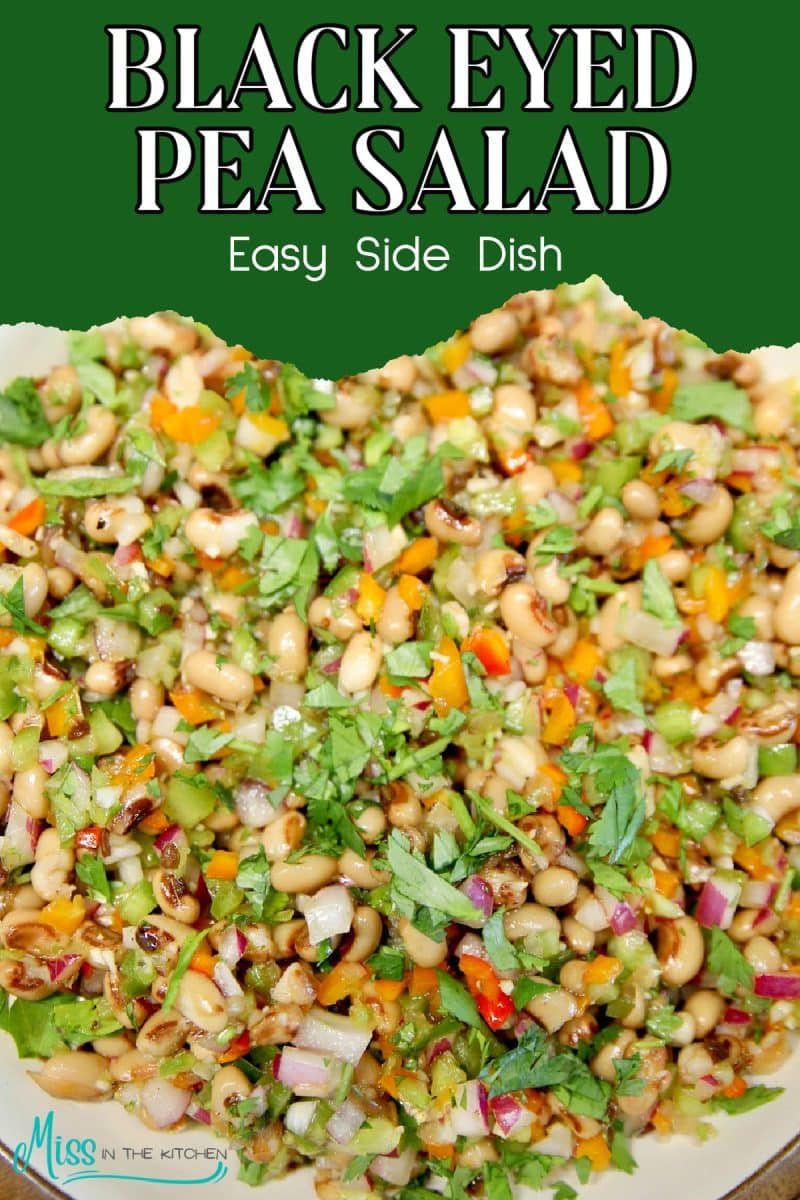 Black Eyed Pea Salad in a bowl - green header with text overlay.