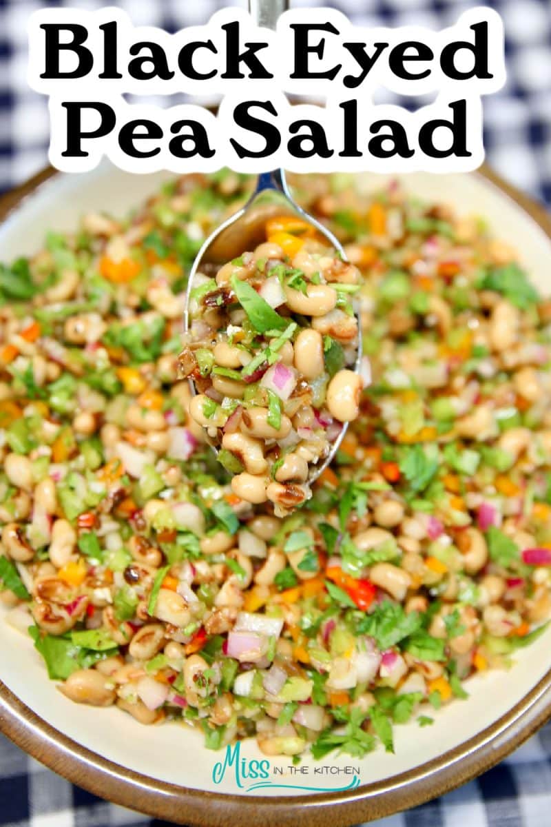 Black Eyed Pea Salad in a bowl - text overlay.