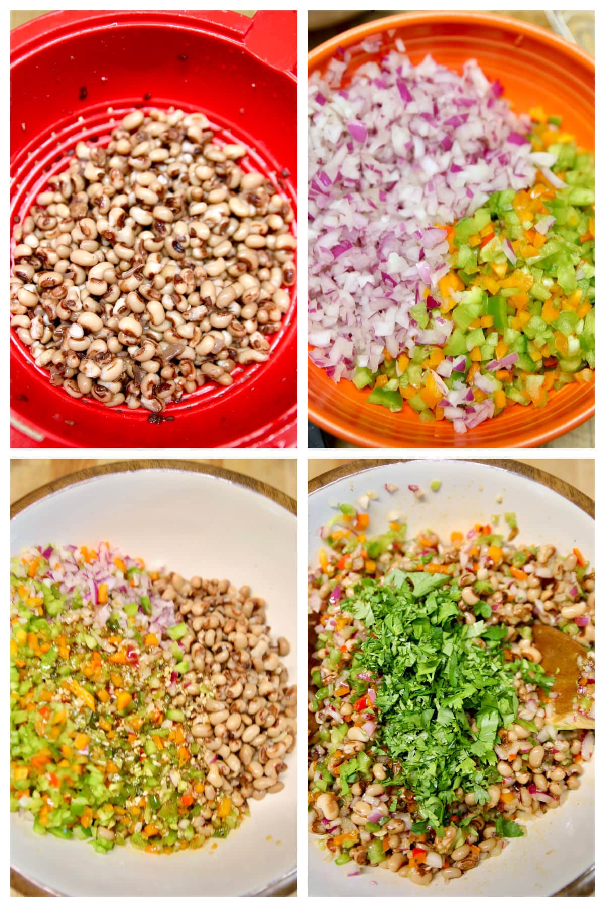 Collage making black eyed pea salad.