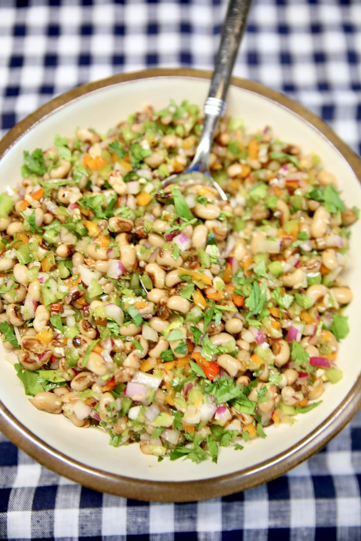 Black eyed pea salad in a bowl with a spoon.