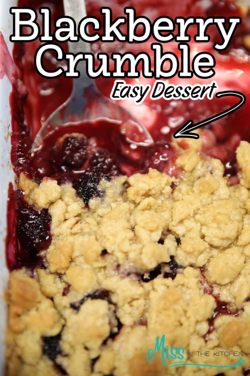 Blackberry crumble dessert in a pan - text overlay.