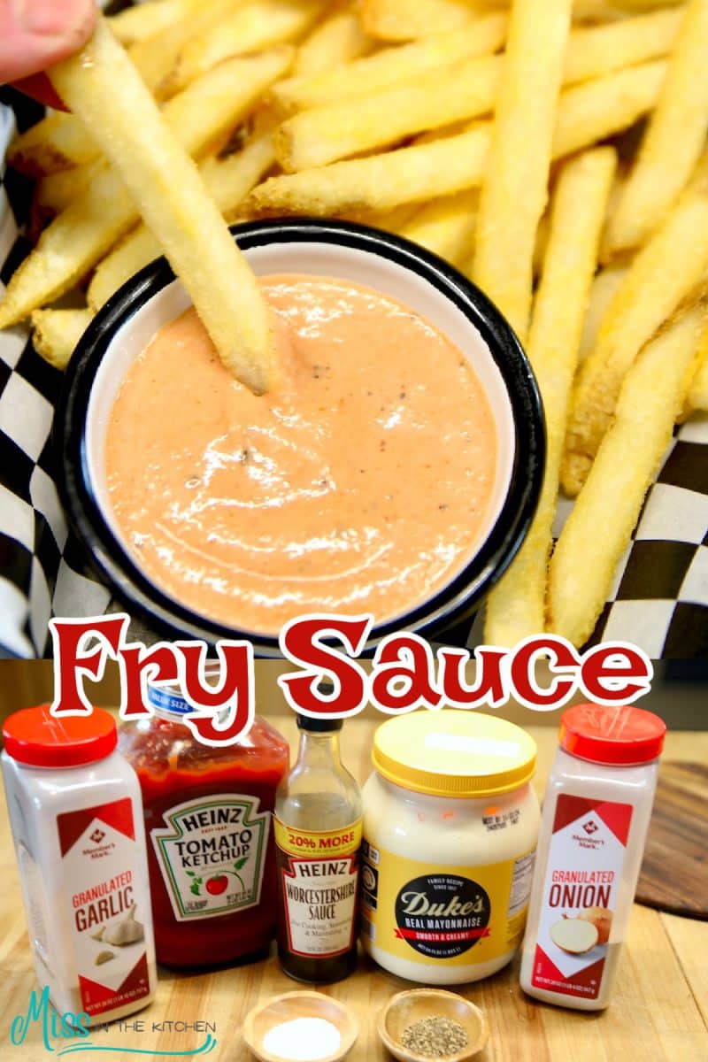 Fry sauce collage: fries dipping in a cup/ ingredients.