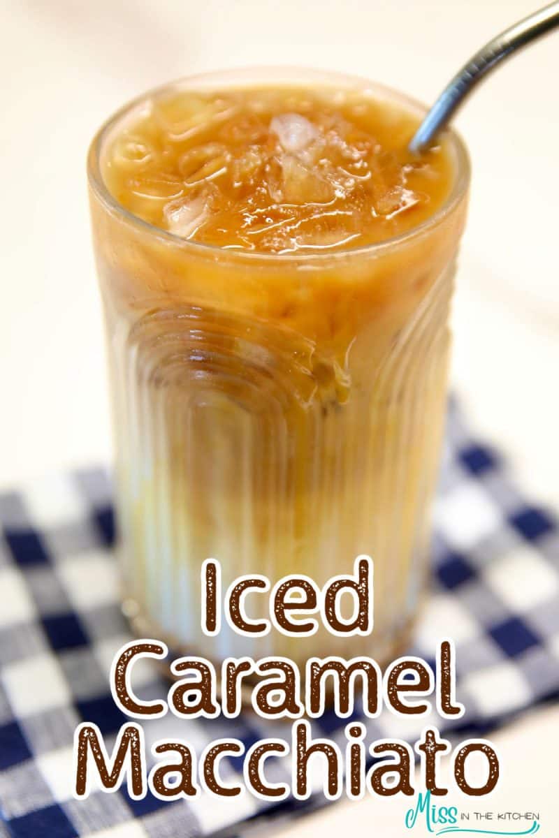 Iced coffee in a glass with straw - text overlay.