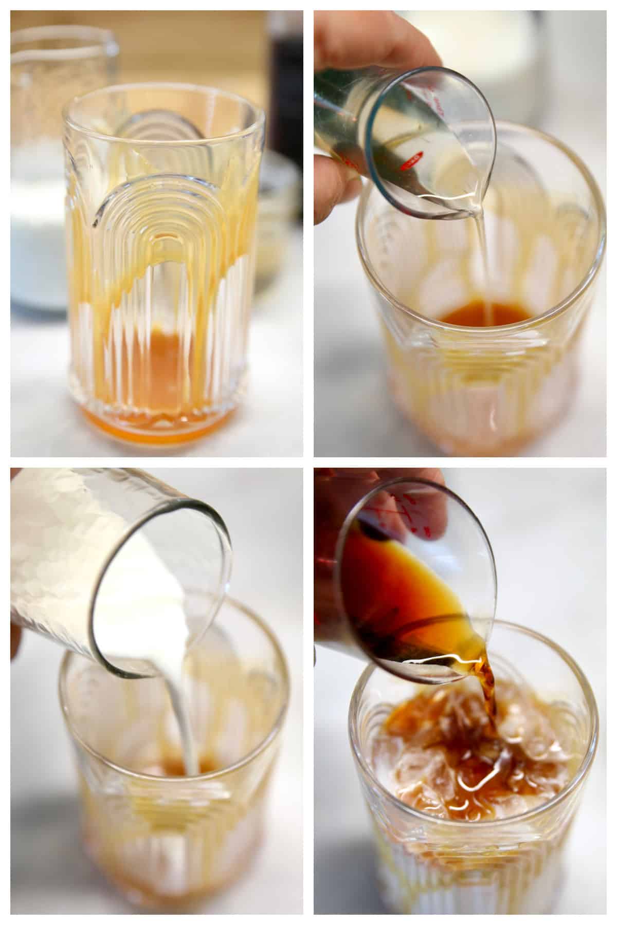 Collage making caramel macchiato iced coffee.