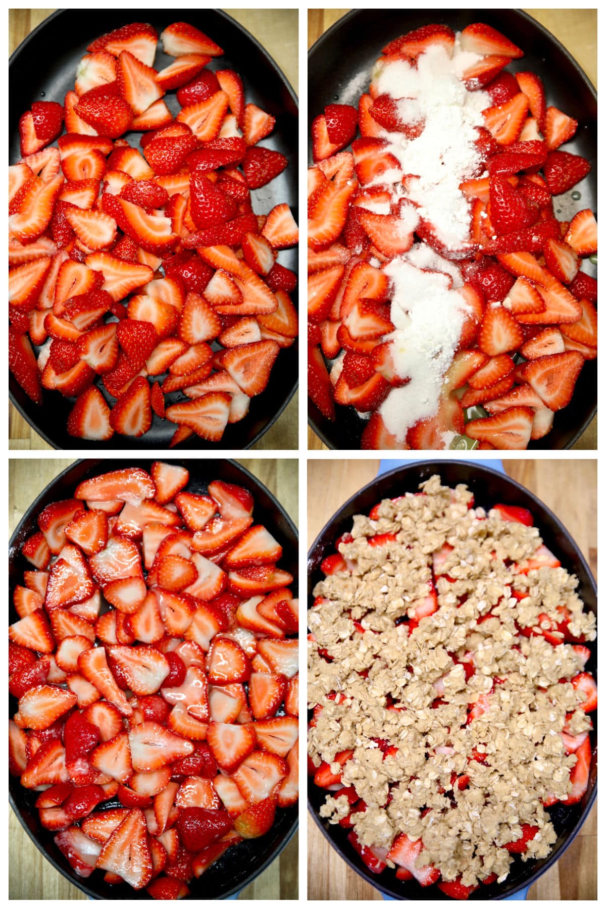 Collage making strawberry crisp in an oval dish.