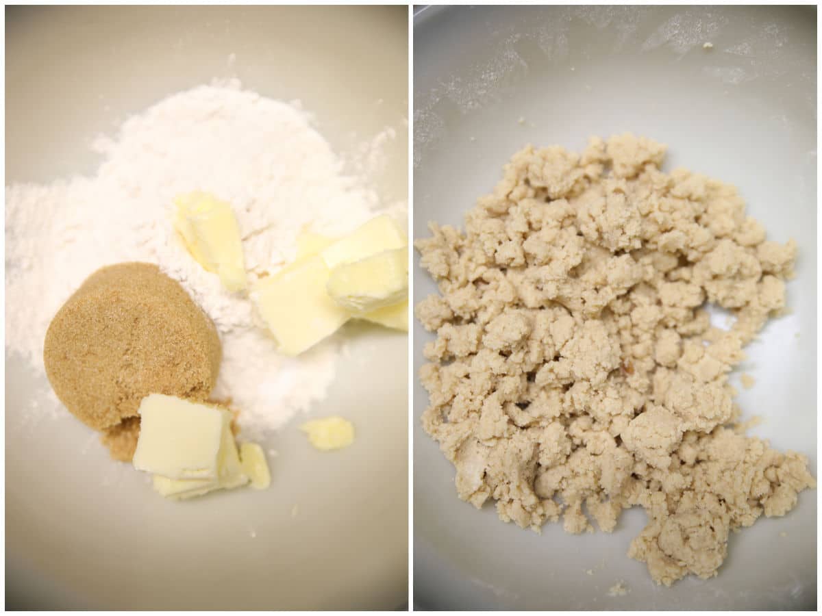 Making crumb mixture for fruit dessert.