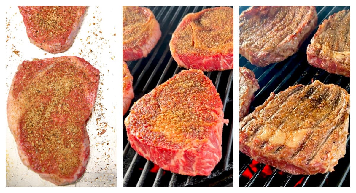 Collage: seasoning, grilling steaks.