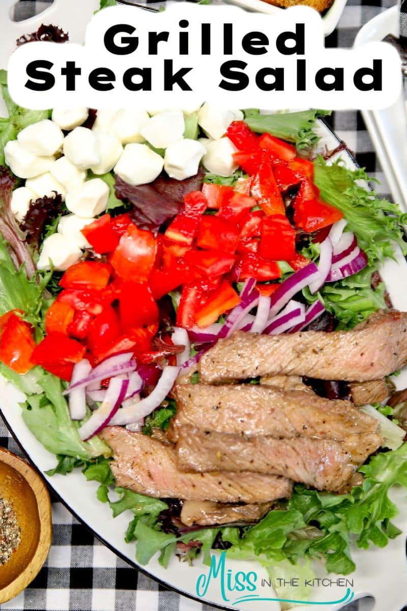 Grilled steak salad with text overlay.