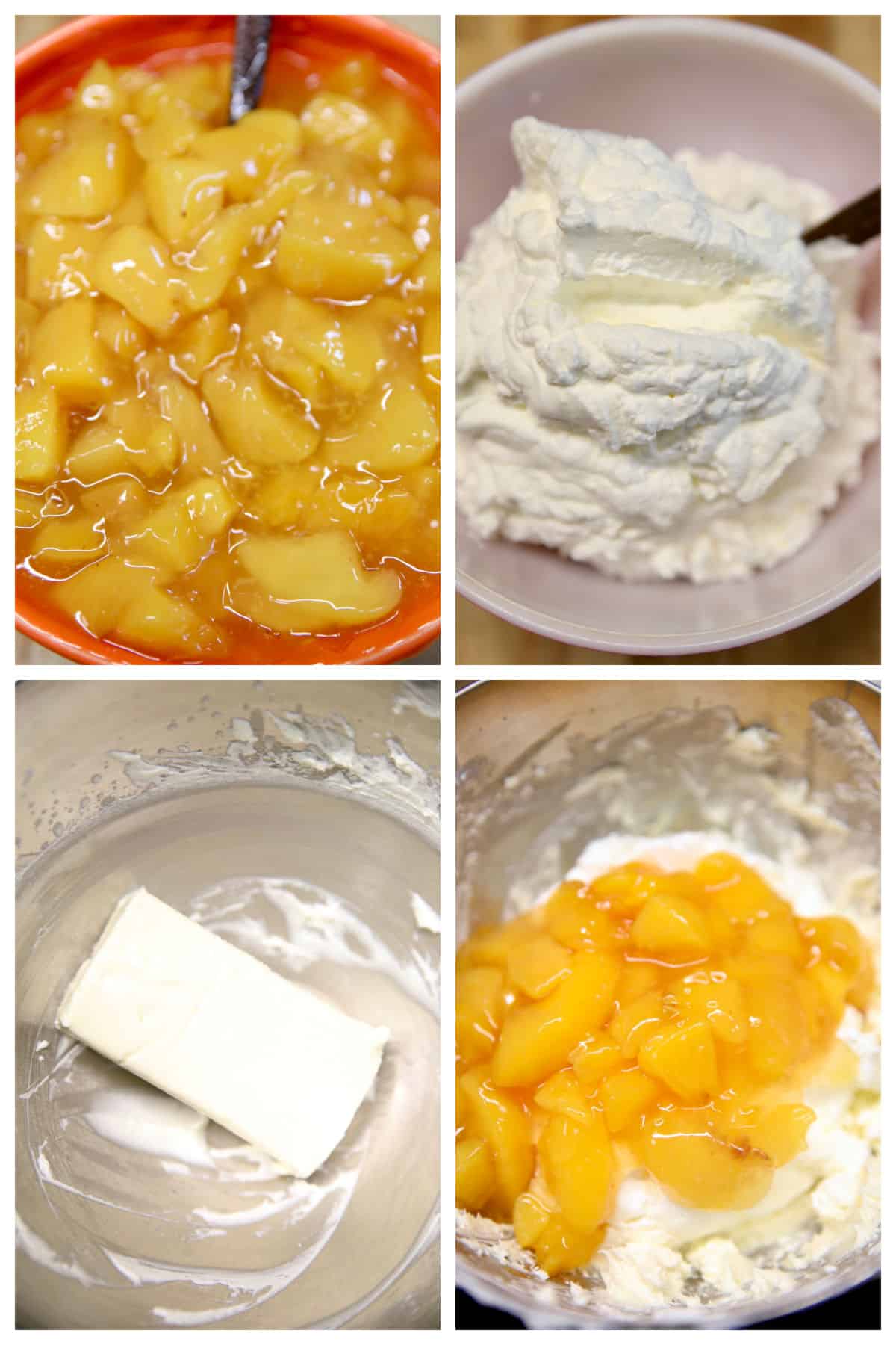 Collage making no bake cheesecake with peaches.