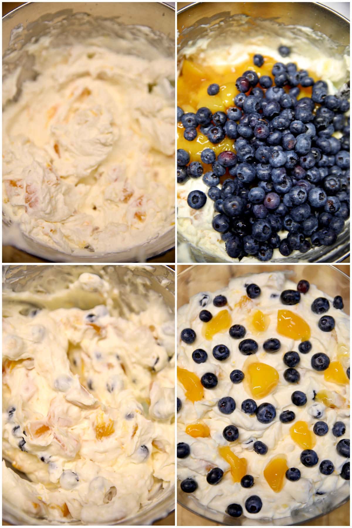 Collage making cheesecake with blueberries and peaches.