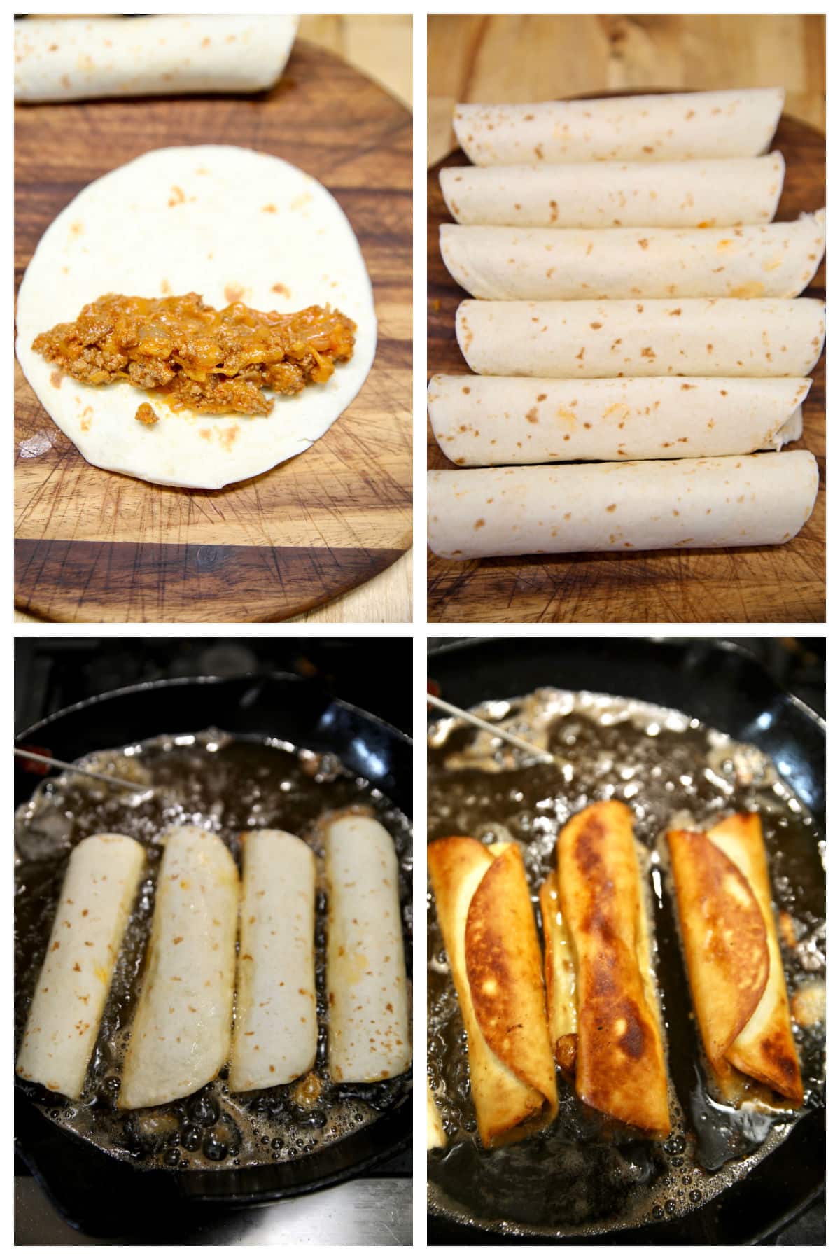 Making beef taquitos, frying.