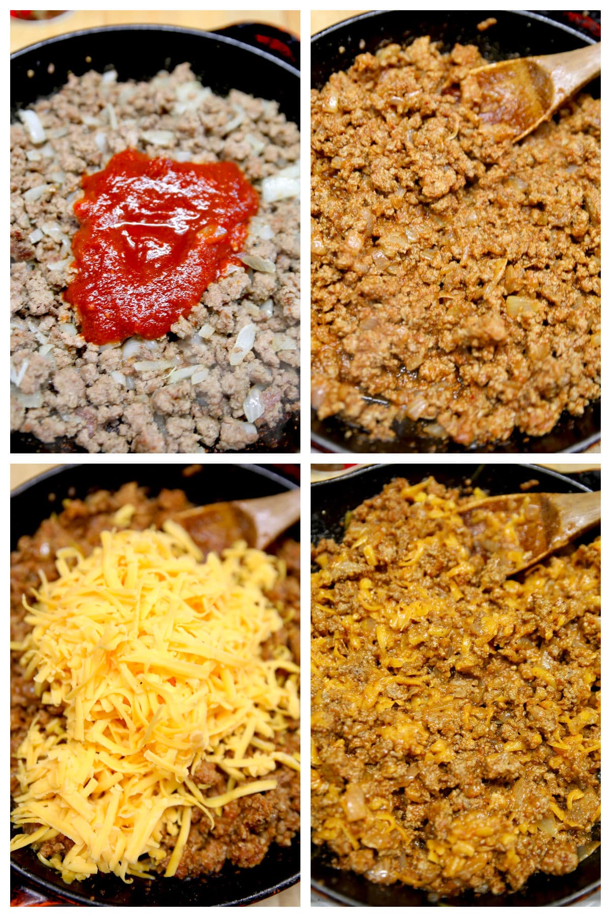 Collage: making chipotle ground beef and cheese taquitos filling.