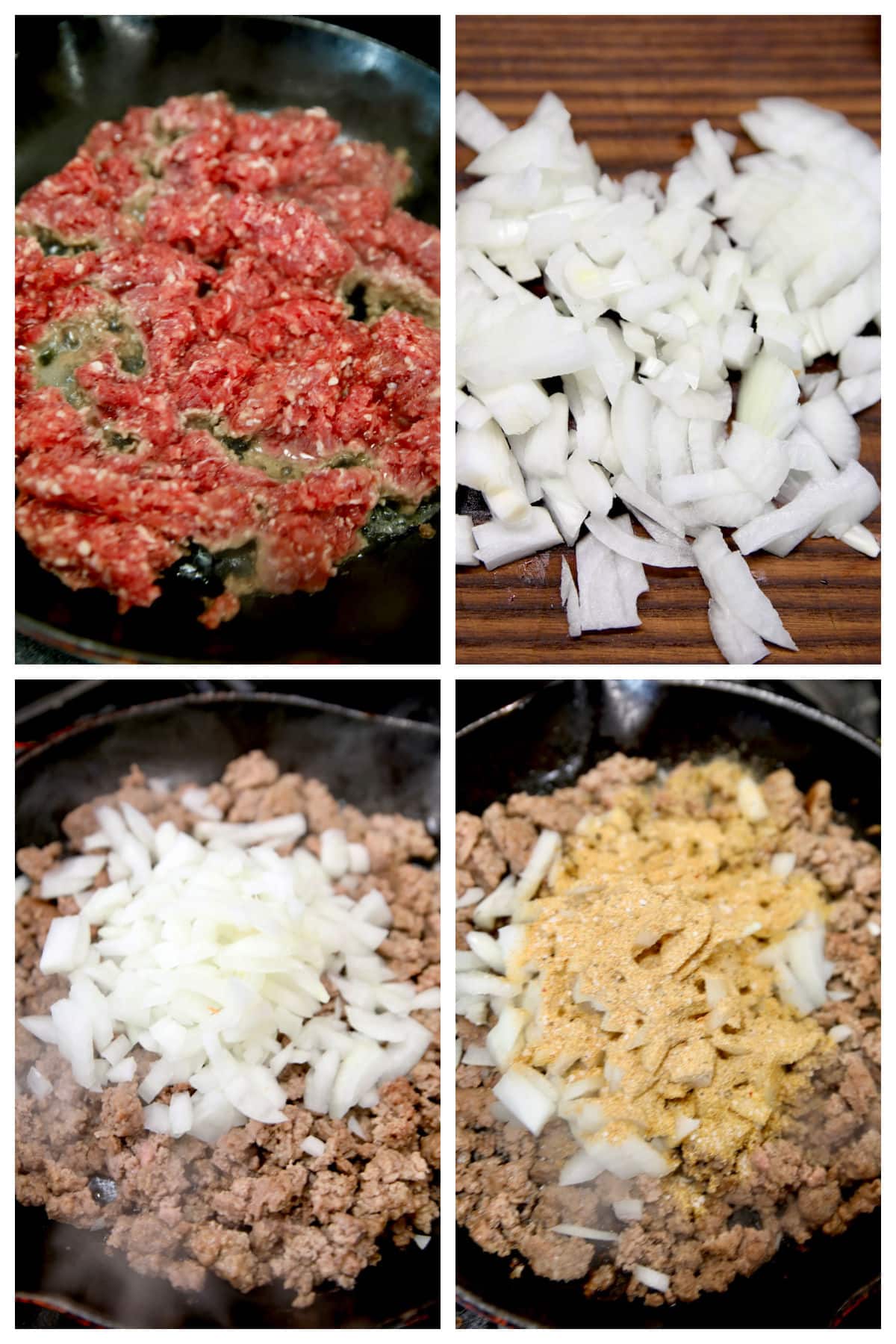 Collage browning ground beef and onions in a skillet.