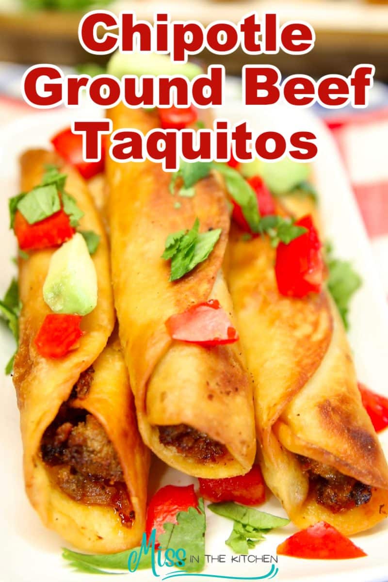 Taquitos on a platter with text overlay.