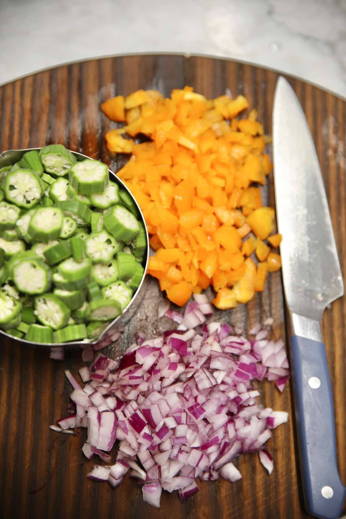 Chopped bell peppers, onion, sliced okra.