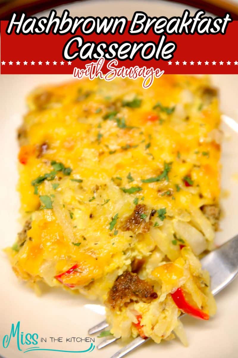 Breakfast casserole on plate with text overlay.