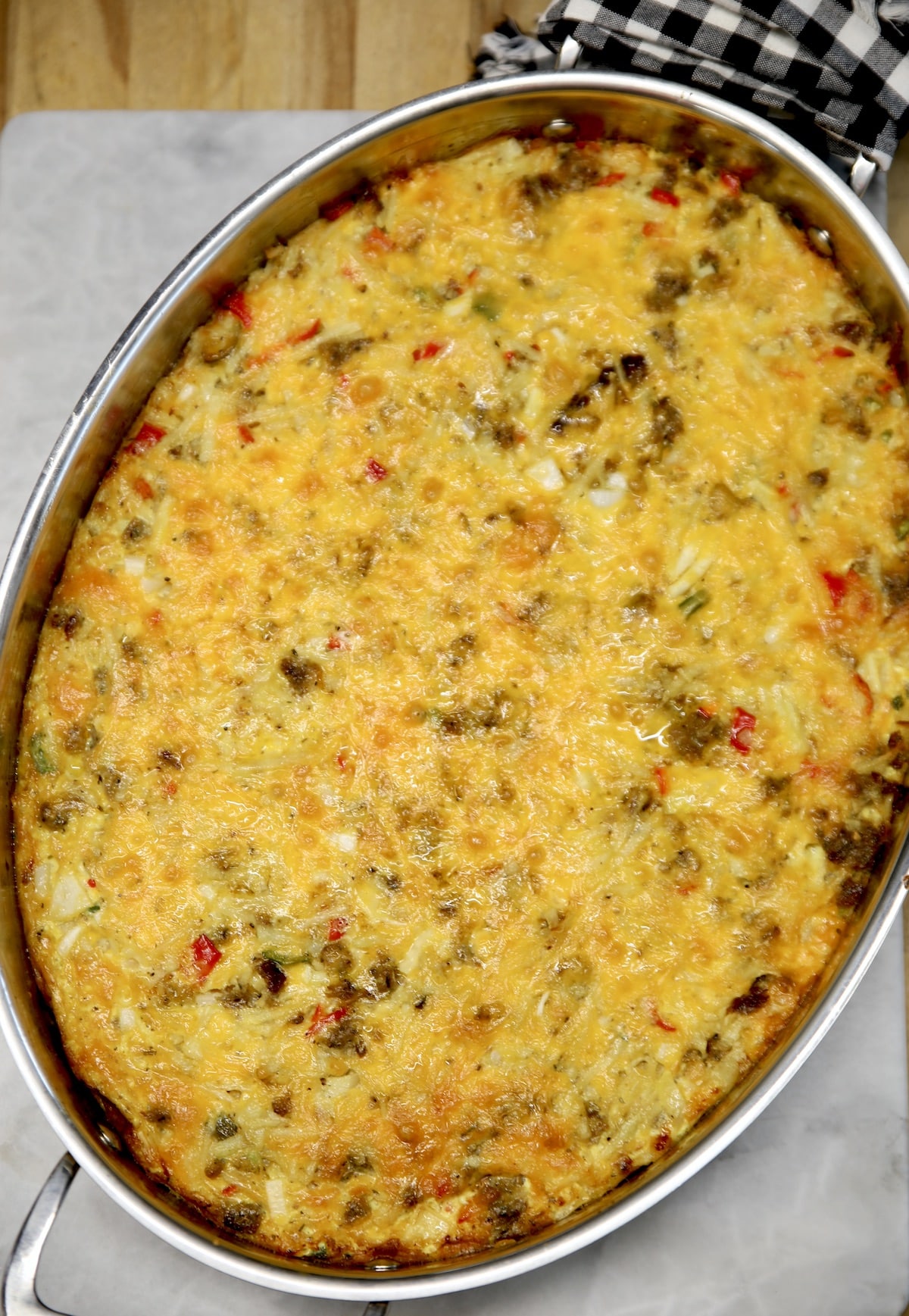 Casserole in an oval dish with hashbrowns.