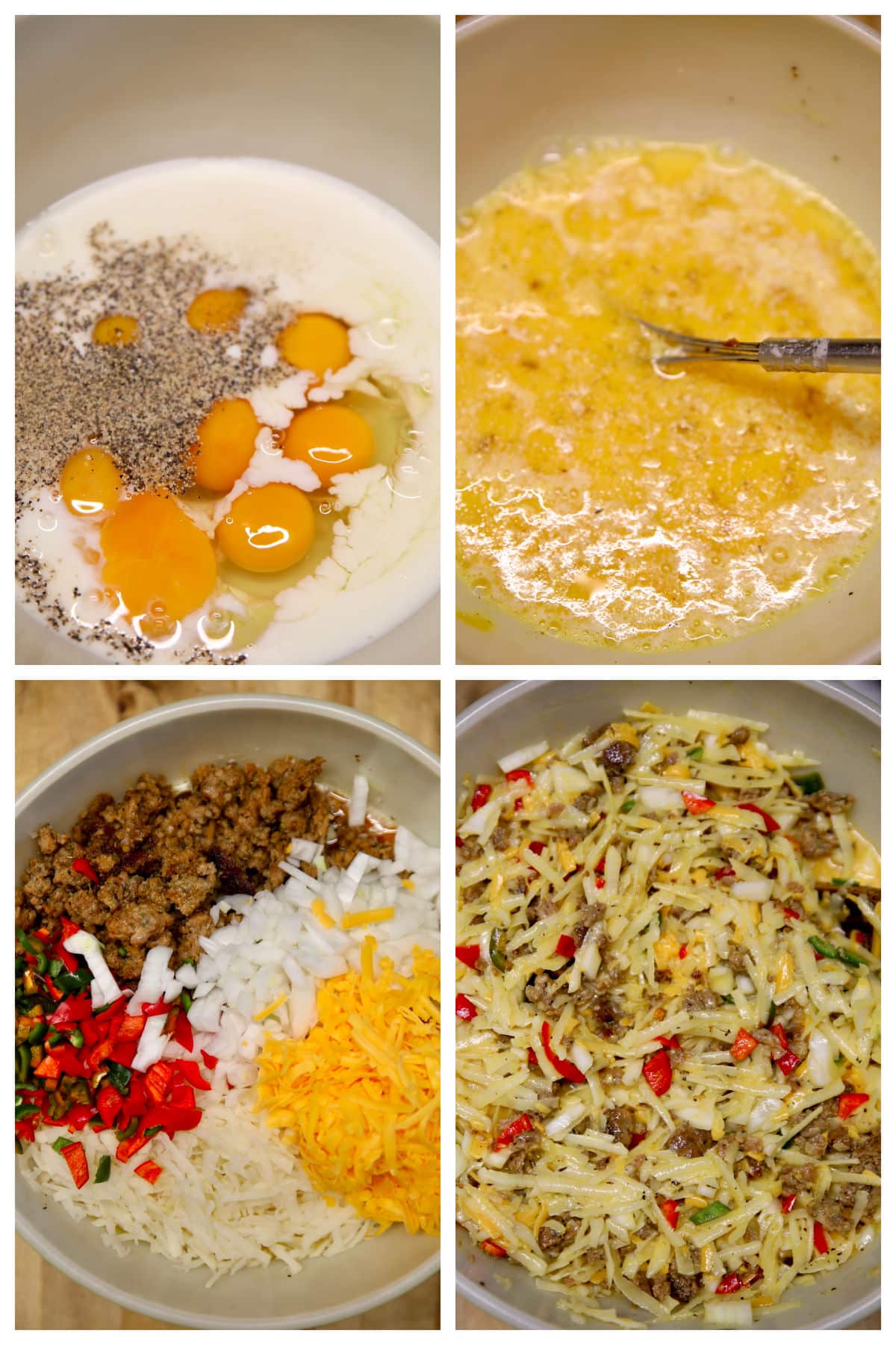 Collage making egg casserole with hashbrowns.