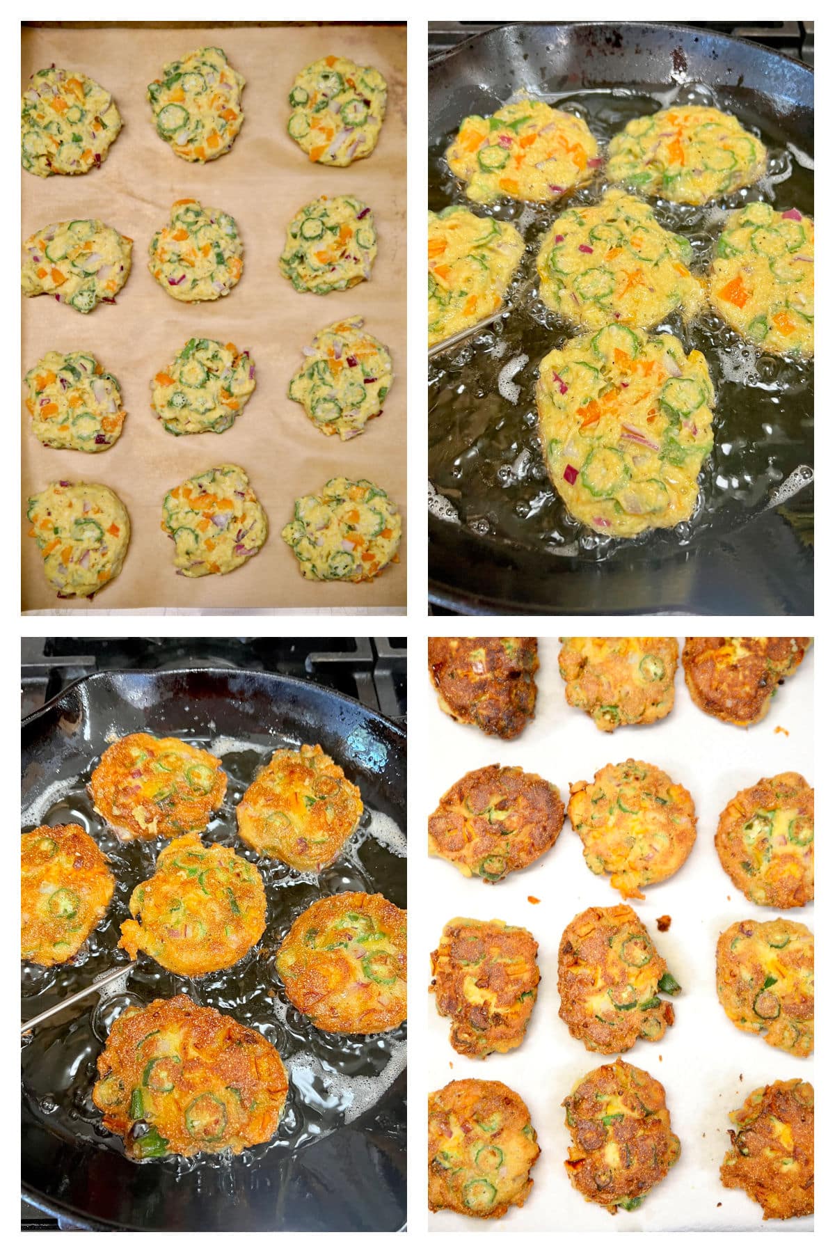 Collage: okra patties, frying, draining on paper towels.