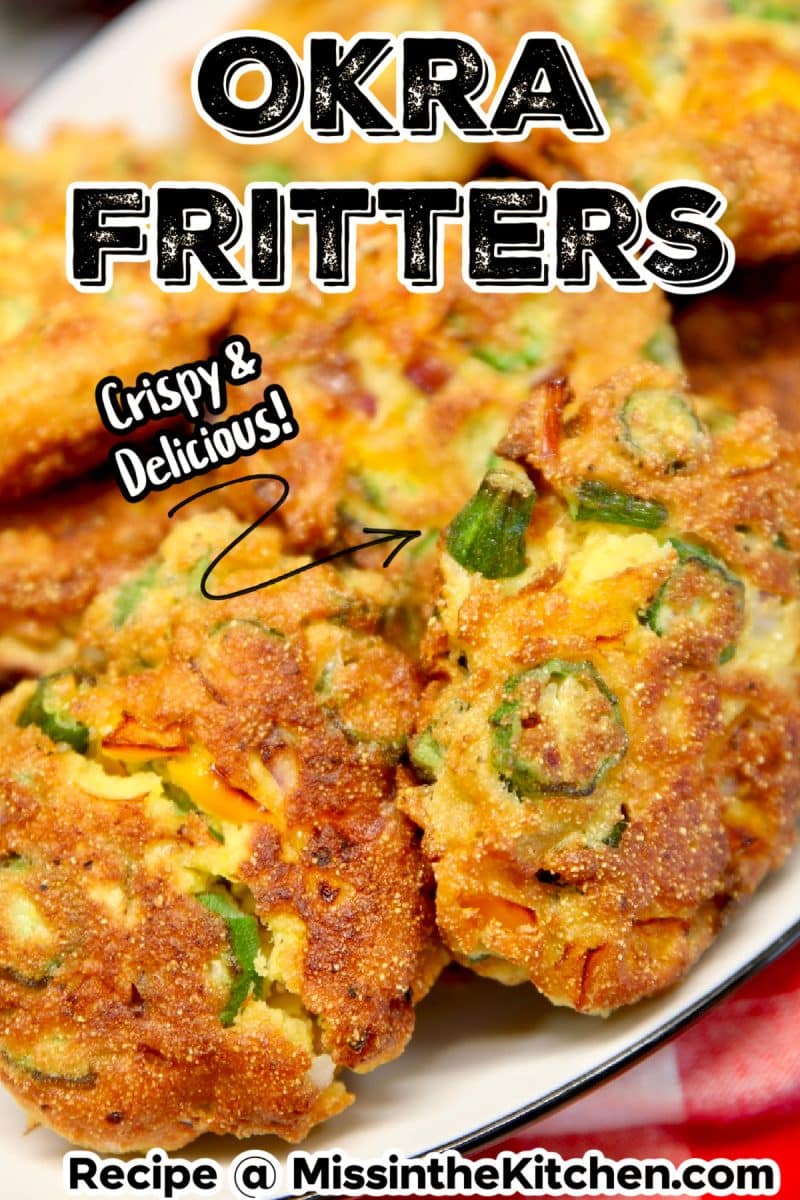 Plate of okra fritters with text overlay.